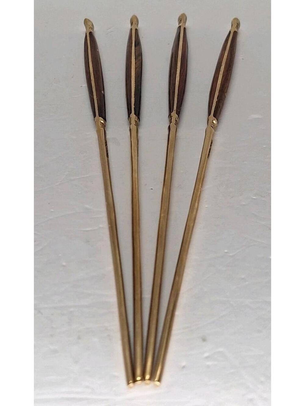 4 Vintage Thailand Teak & Brass Chopsticks 8 Inch